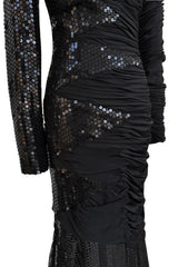 Amazing 1970s Loris Azzaro Black Sequin & Jersey Inset Dress w Low V Back