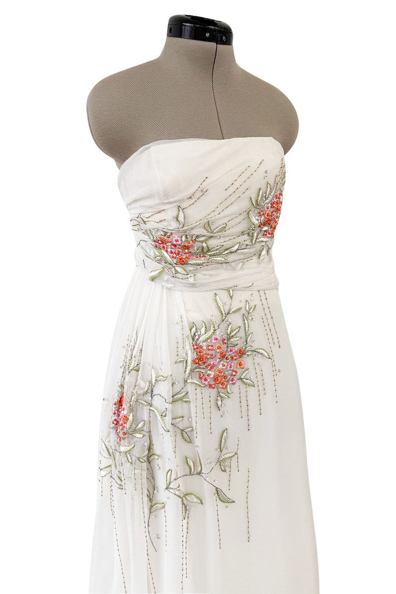 Exceptional Spring 2008 Christian Dior by John Galliano Ivory Silk Chiffon Dress w Floral Embroidery