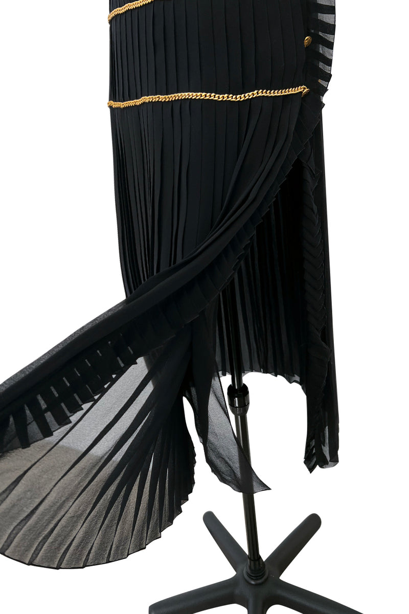 Incredible Spring 1988 Chanel by Karl Lagerfeld Runway Black Pleated Silk Chiffon Dress w Chain Detailing