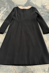 c. 1972 Pierre Cardin Black Wool Swing Dress w Taupe Inset & Glossy Black Buttons