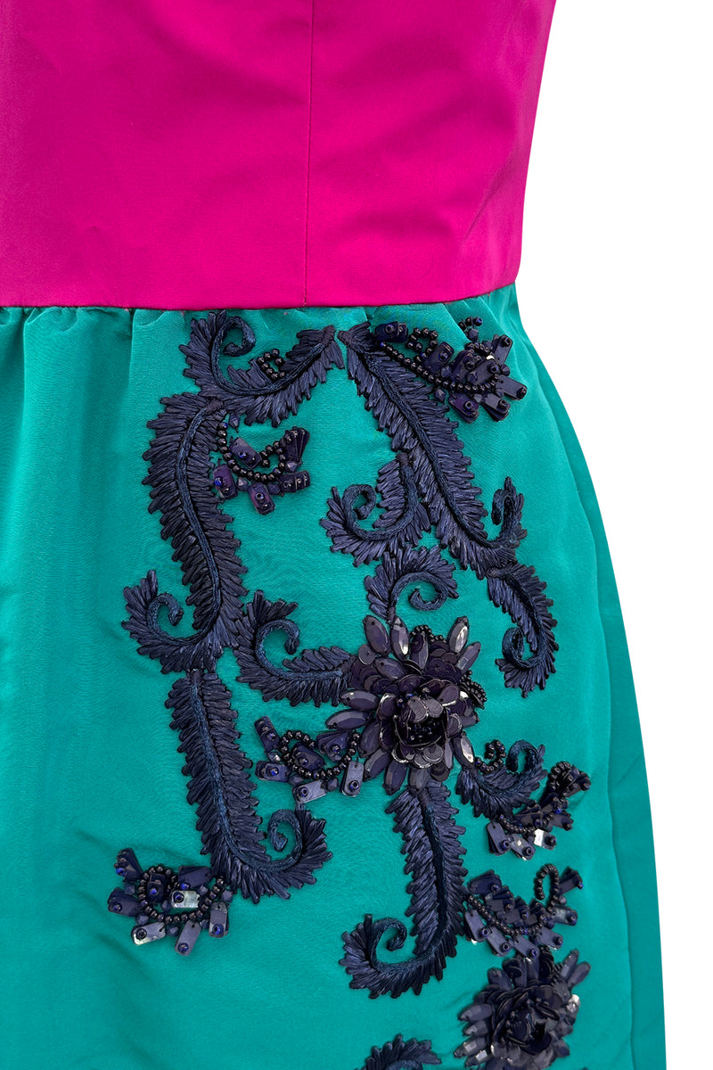 Resort 2016 Oscar de la Renta Look 34 Emerald Green & Pink Strapless Dress w Applique Work