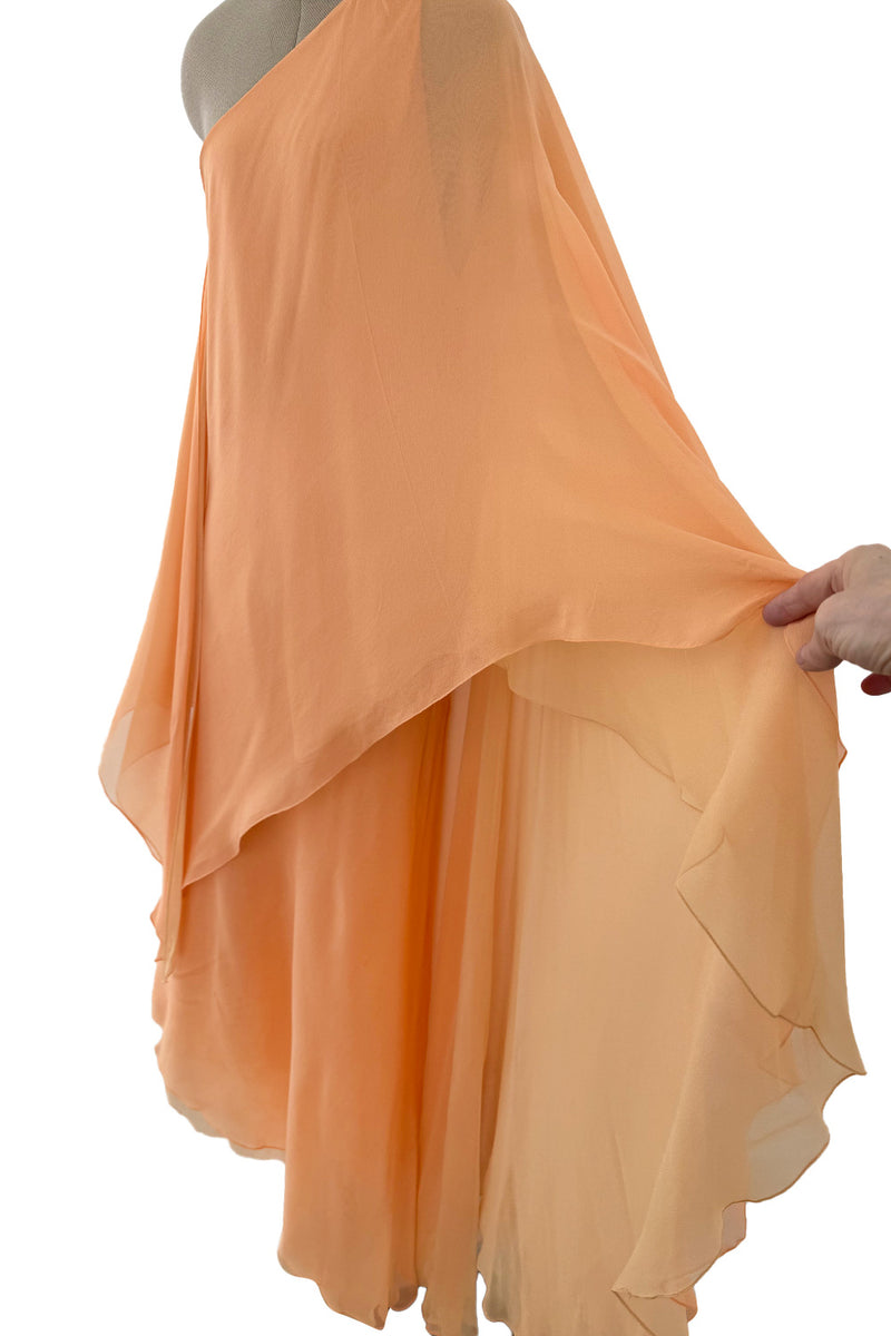 c. Resort 1976 Halston Couture Pastel Peach Silk Chiffon One Shoulder Spiral Dress