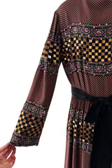 1970s Christian Dior by Marc Bohan Printed Silk Dress w Sequin Detailing & Bow Belt