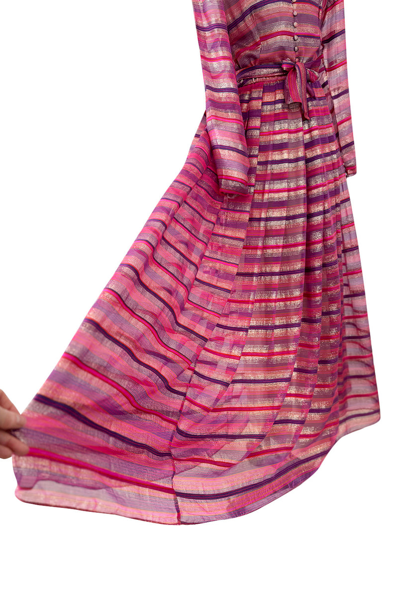 Prettiest 1980s Hanae Mori Pink Striped Silk Chiffon Dress w Metallic Gold Thread