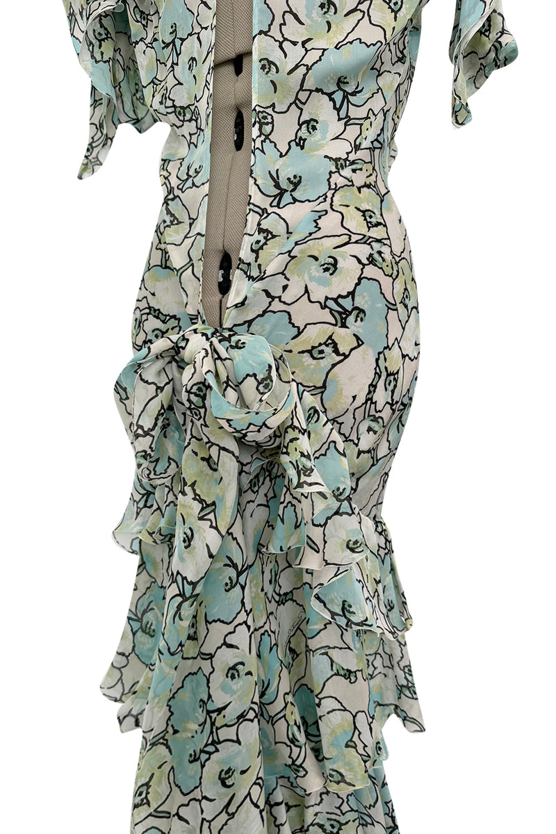 Spring 2006 Roberto Cavalli Runway Look 36 Silk Chiffon Floral Print Dress w Daring Plunges