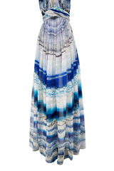 Amazing 2009-2010 Alexander McQueen Silk Chiffon Blue Agate Print Dress w Plunge Front & Open Back