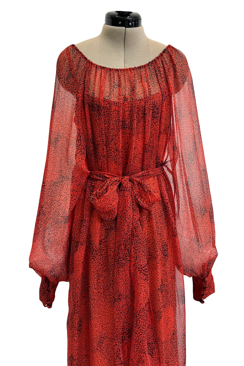 1970s Christian Dior by Marc Bohan Deep Coral Silk Chiffon Caftan Dress w Sash