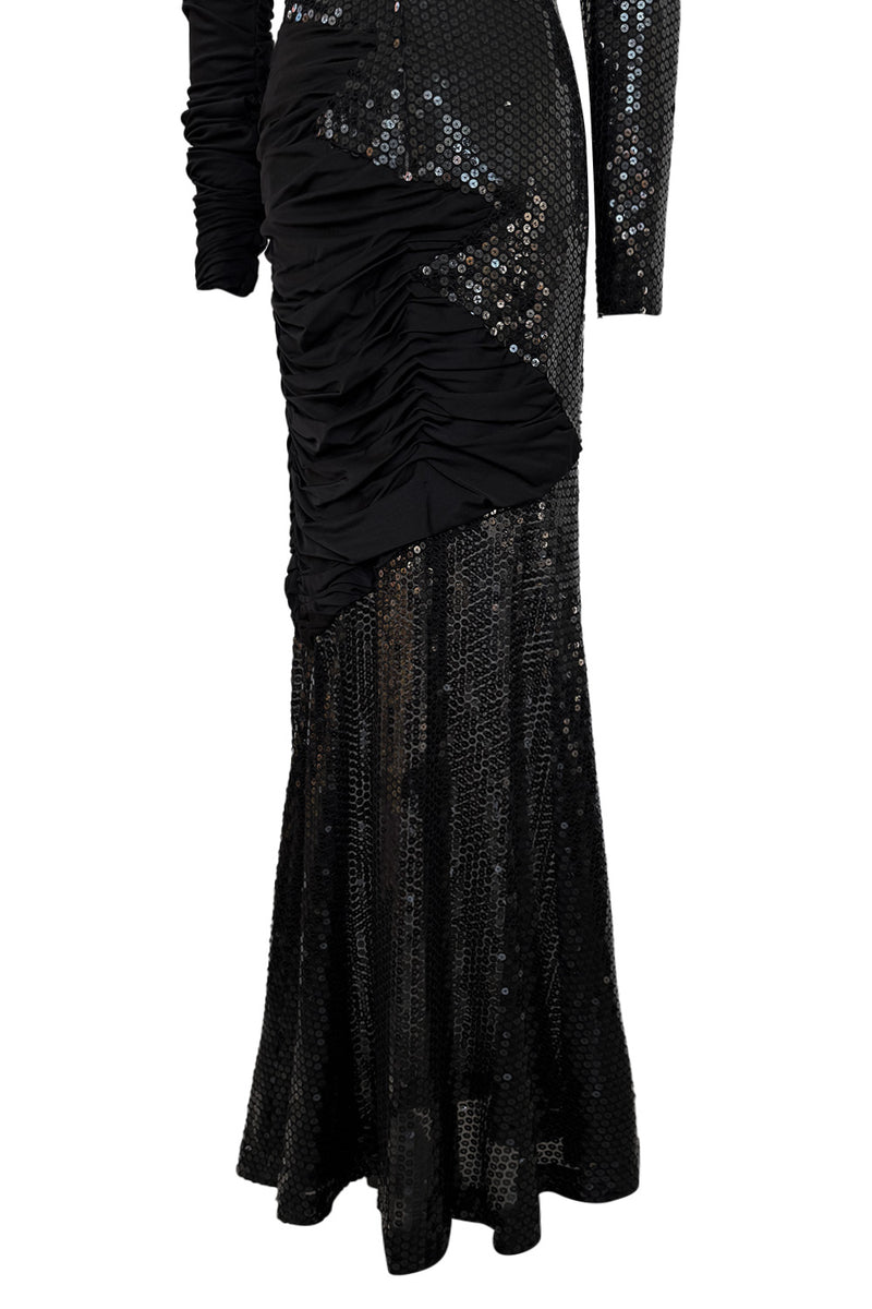 Amazing 1970s Loris Azzaro Black Sequin & Jersey Inset Dress w Low V Back