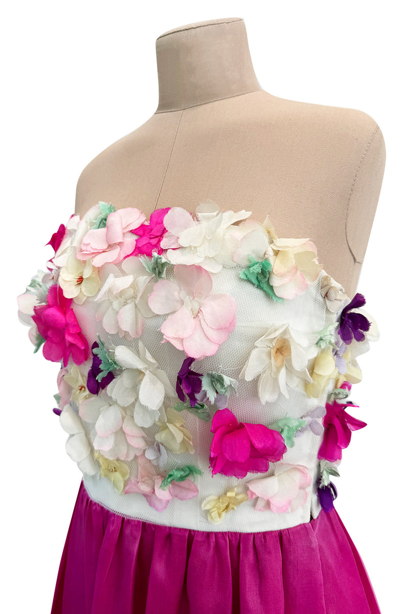 Dreamy 1982 Givenchy Strapless Silk Dress w Floral Appliques & Brilliant Full Pink Skirt