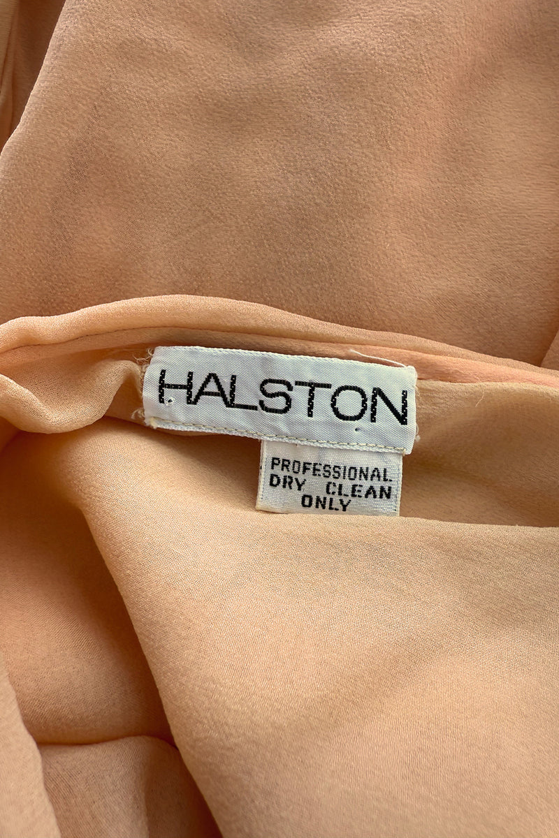 c. Resort 1976 Halston Couture Pastel Peach Silk Chiffon One Shoulder Spiral Dress