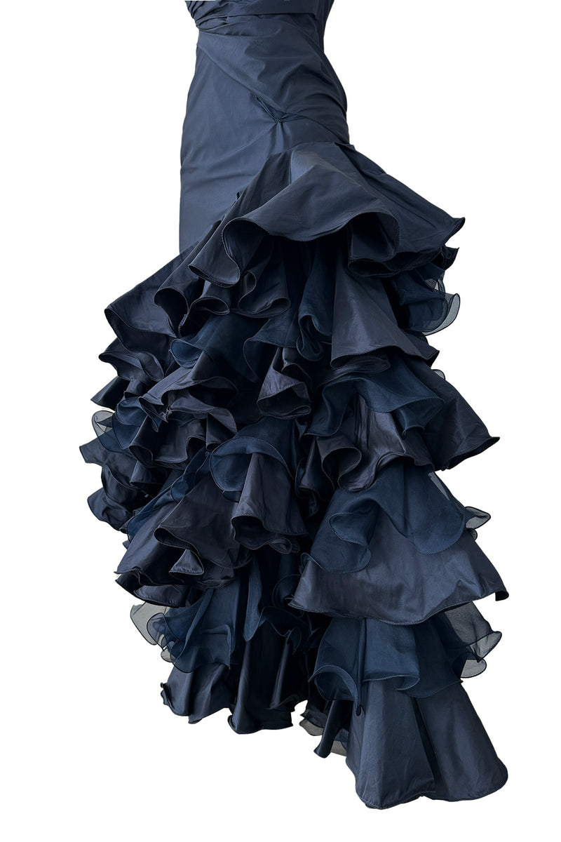 Resort 2011 Oscar de la Renta Runway Deep Blue Strapless Silk Dress w Elaborate Ruffled Skirt