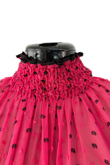 Recent Christian Dior Deep Pink Chiffon Dress w Black Dots & Gathered Neck