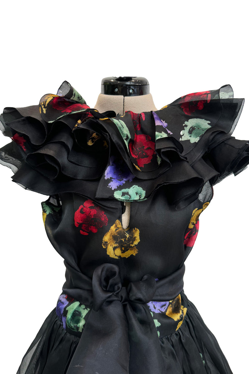 Prettiest 1960s Possible Christian Dior Floral Print Silk Organza Dress w Ruffled Shoulders