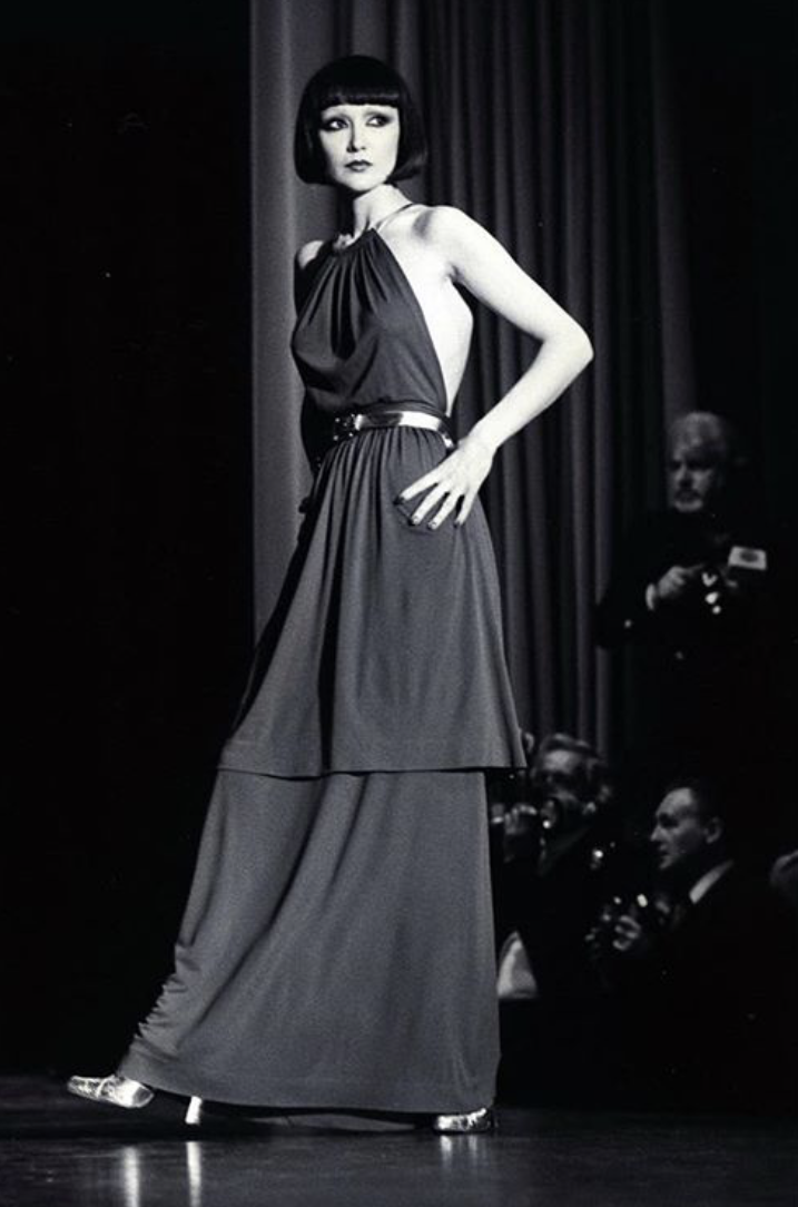 Fall 1975 Yves Saint Laurent Runway Brown Silk Jersey Backless Dress w Gold Leather Straps