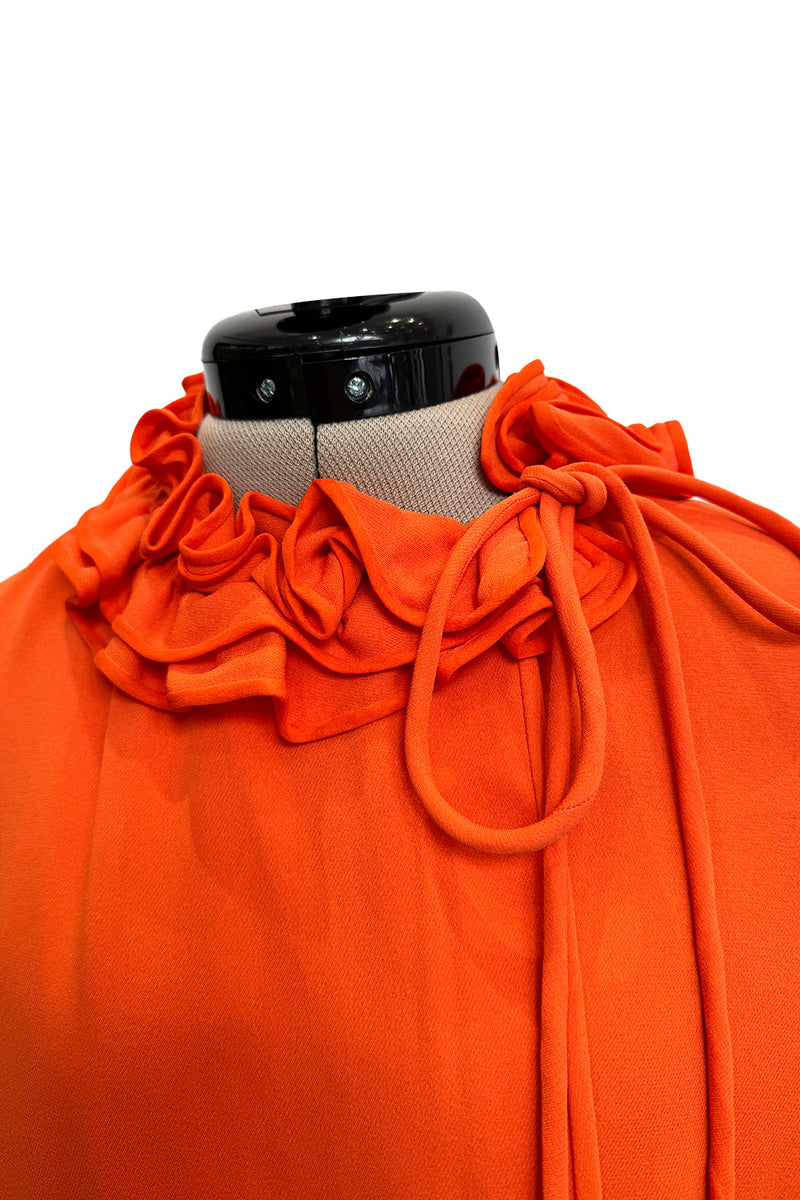 1970s James Galanos Couture Orange Silk Dress w Ruffle Neck & Balloon Sleeves