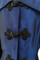 1980s Oscar de la Renta Iridescent Silk Taffeta Blue Coat or Dress w beaded Frog Knots