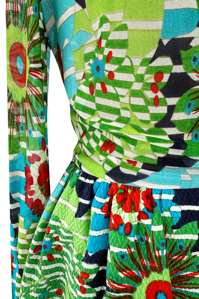 Prettiest c1972 Lanvin by Jules-Francois Crahay Printed Silk Jersey & Waffle Weave Low Back Dress