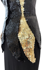 c.1973 Loris Azzaro Backless Black Jersey Dress w Gold & Black Sequin Flame Halter Top