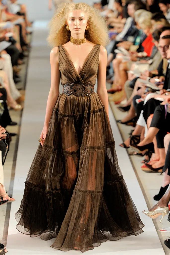 Pretty Spring 2012 Oscar de la Renta Runway Look 46 Brown Silk Chiffon Dress