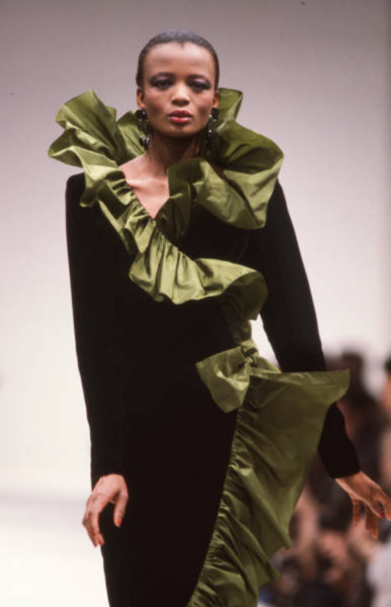 Amazing Fall 1984 Yves Saint Laurent Runway Silk Taffeta Ruffle & Velvet Wrap Dress