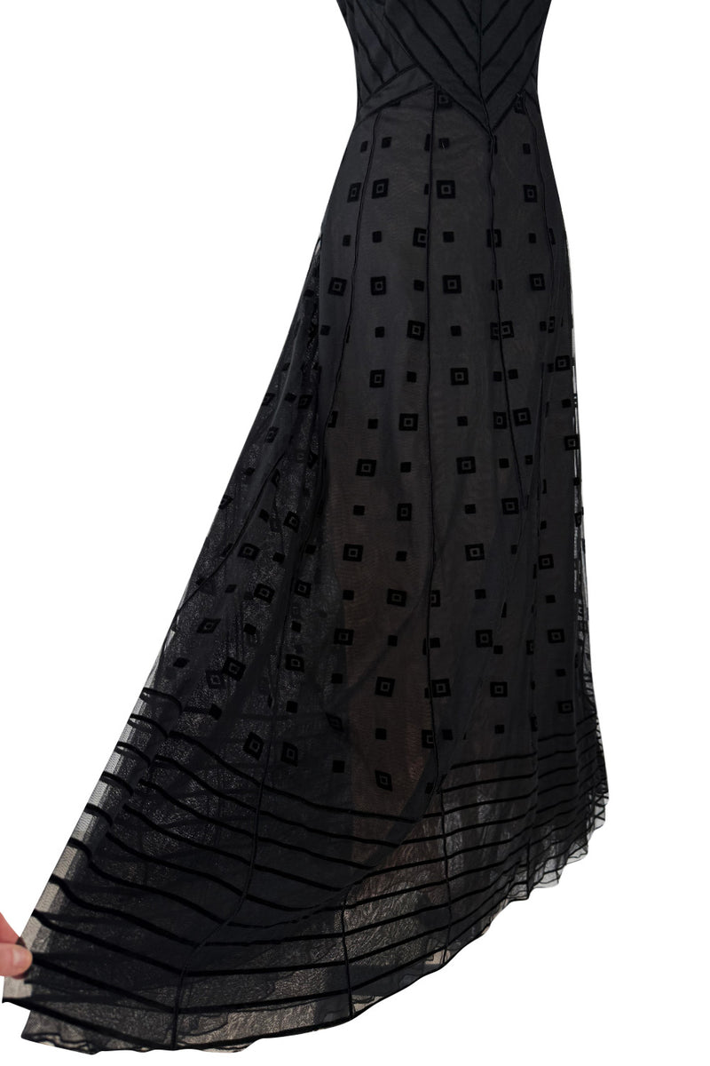 Fabulous Fall 1995 Karl Lagerfeld Runway Black Net Dress w Velvet Detailing