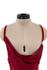 Fall 1999 John Galliano Deep Red Patterned Silk Bias Cut Backless Dress w Velvet Ribbon Details