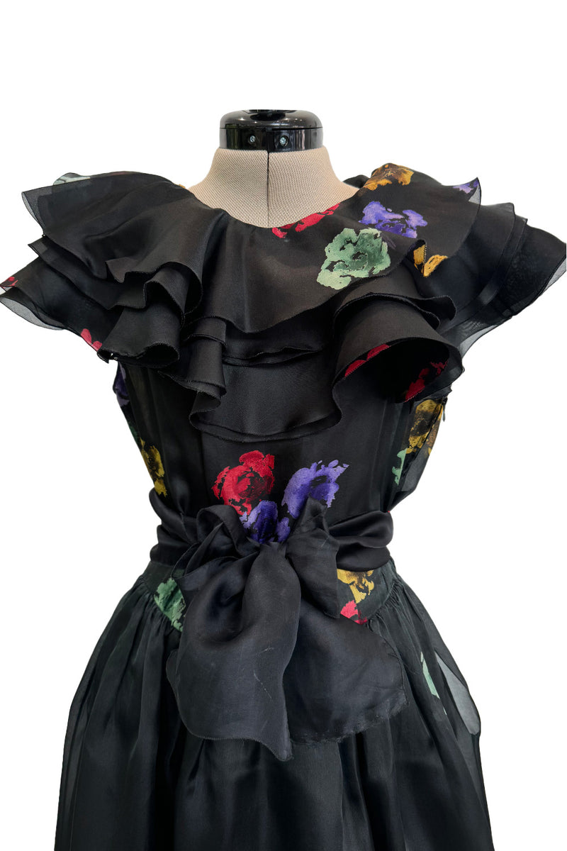 Prettiest 1960s Possible Christian Dior Floral Print Silk Organza Dress w Ruffled Shoulders