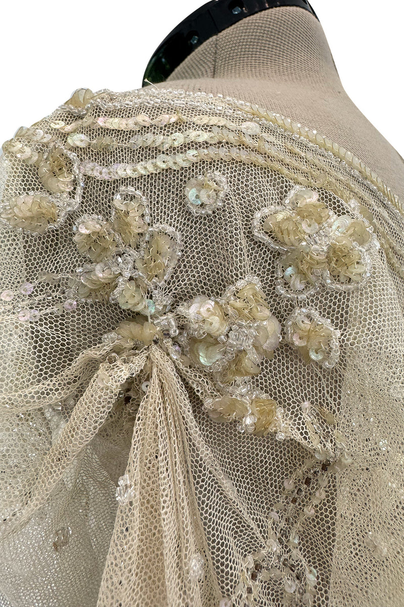 Beautiful 1910 Unlabeled Heirloom Ivory Net Wedding Dress w Elaborate Sequin & Bead Work