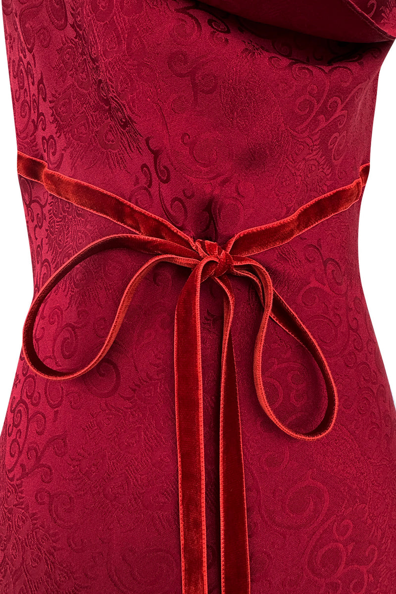 Fall 1999 John Galliano Deep Red Patterned Silk Bias Cut Backless Dress w Velvet Ribbon Details