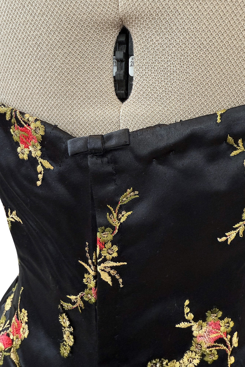 Dreamy 1960s Unlabeled Strapless Black Dress w Front Pink Panel &  Floral Embroidery