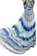 Amazing 2009-2010 Alexander McQueen Silk Chiffon Blue Agate Print Dress w Plunge Front & Open Back