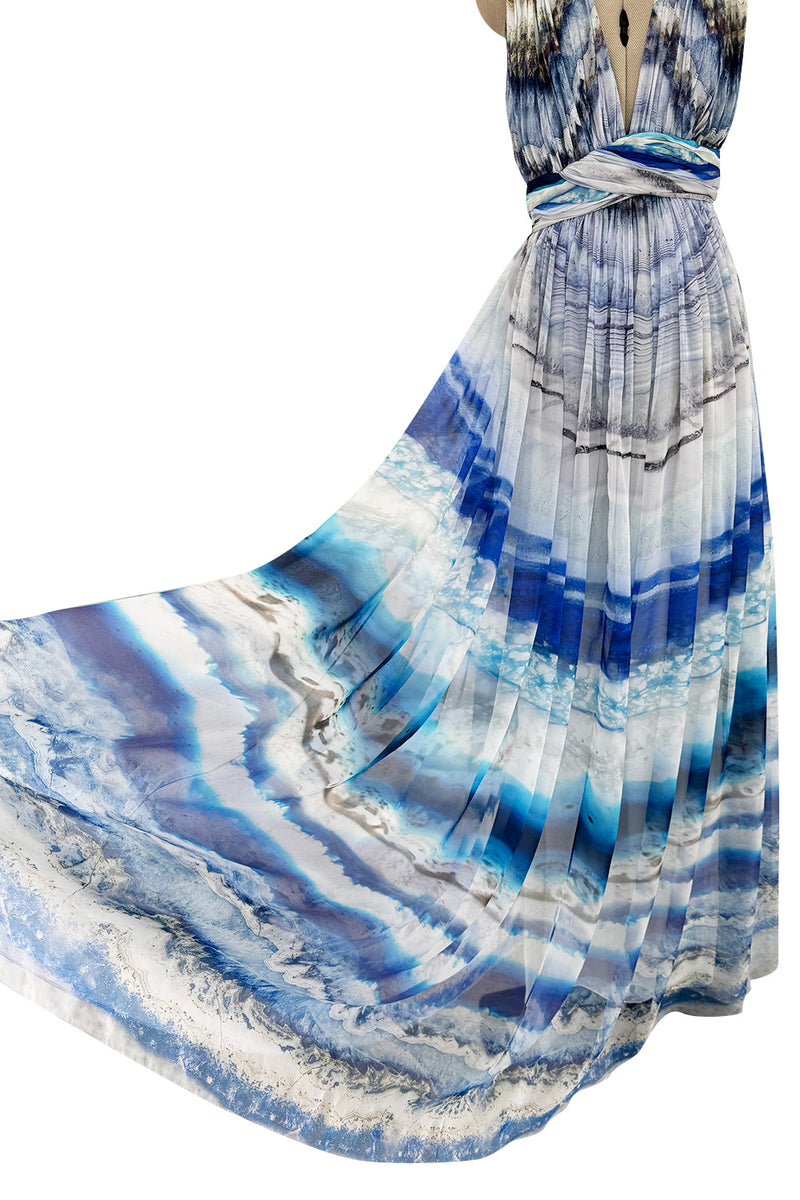 Amazing 2009-2010 Alexander McQueen Silk Chiffon Blue Agate Print Dress w Plunge Front & Open Back