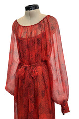 1970s Christian Dior by Marc Bohan Deep Coral Silk Chiffon Caftan Dress w Sash