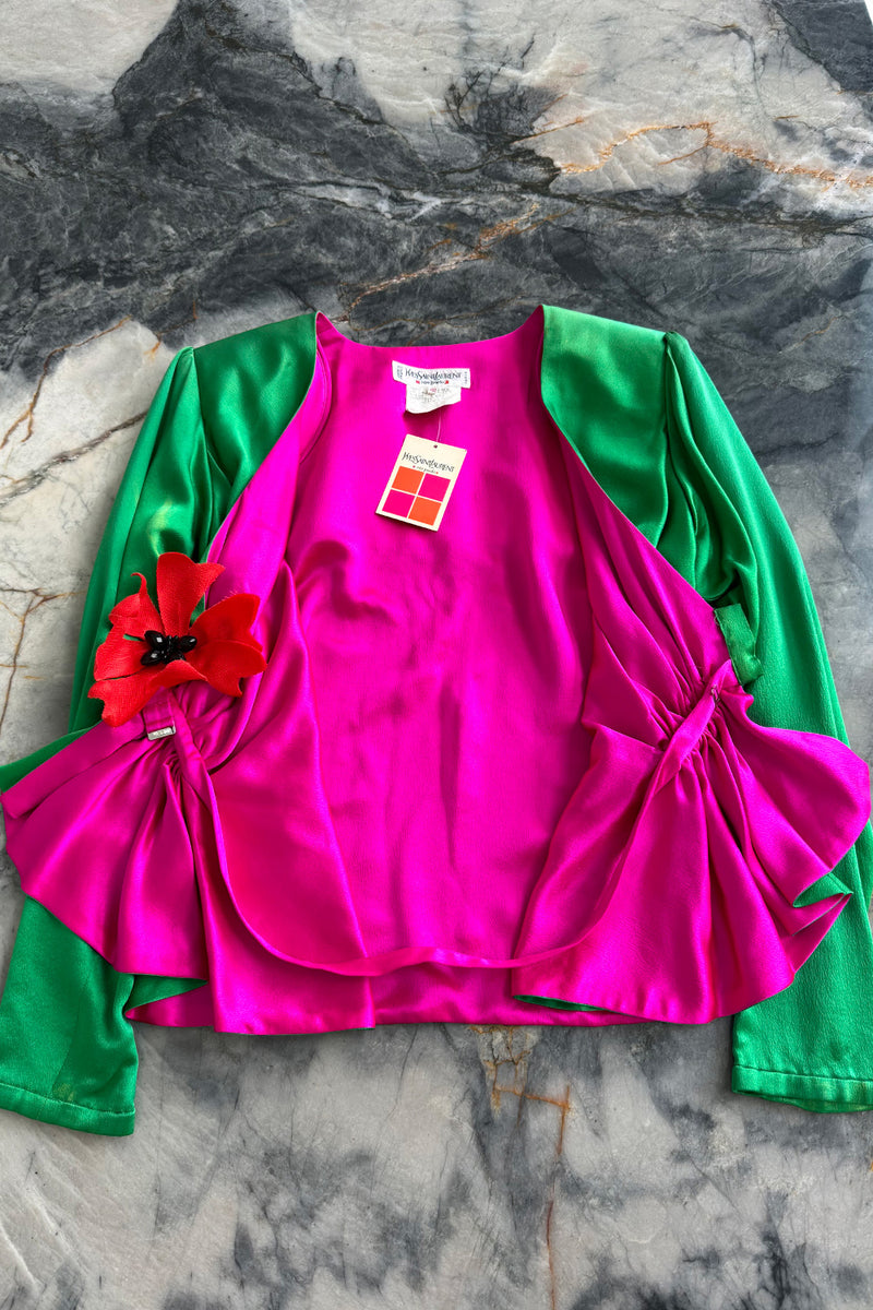 Incredible Spring 1990 Yves Saint Laurent Runway Brilliant Green Jacket w Pink Lining & Black Skirt Set