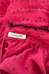 Recent Christian Dior Deep Pink Chiffon Dress w Black Dots & Gathered Neck