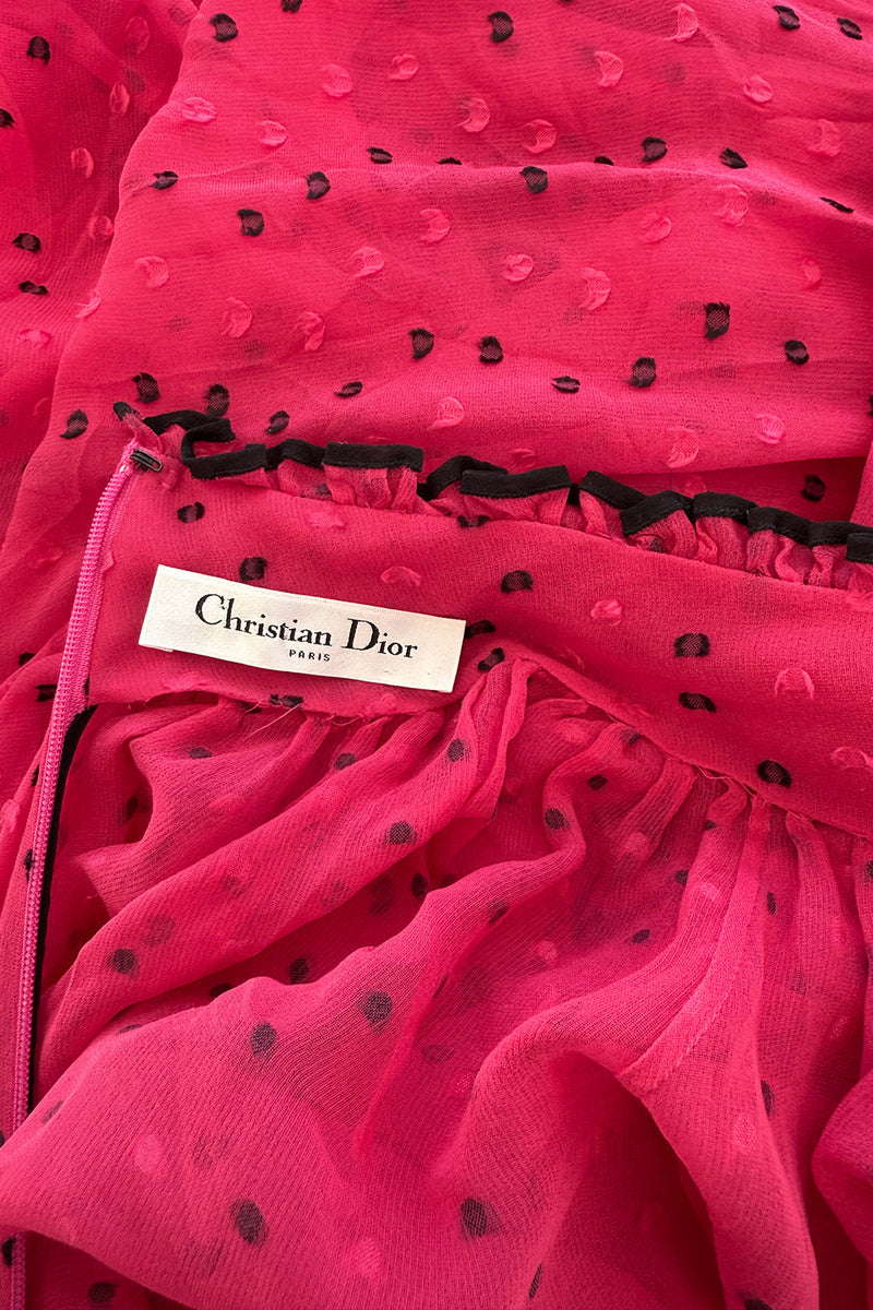 Recent Christian Dior Deep Pink Chiffon Dress w Black Dots & Gathered Neck