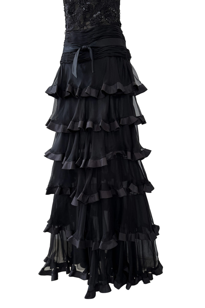 Exquisite Fall 2003 Valentino Beaded Floral Bodice Dress w Ruffled Silk Chiffon Skirting