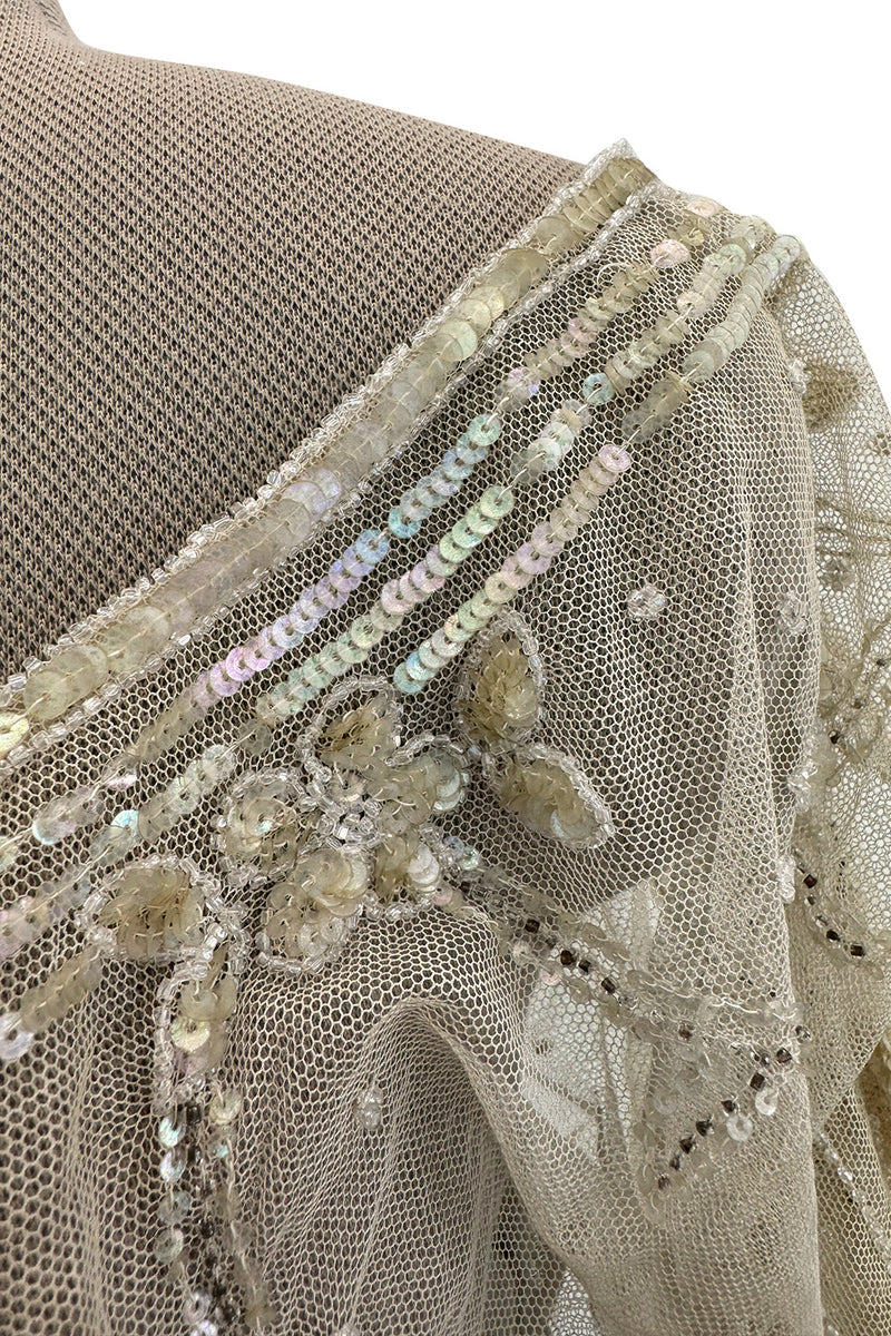 Beautiful 1910 Unlabeled Heirloom Ivory Net Wedding Dress w Elaborate Sequin & Bead Work