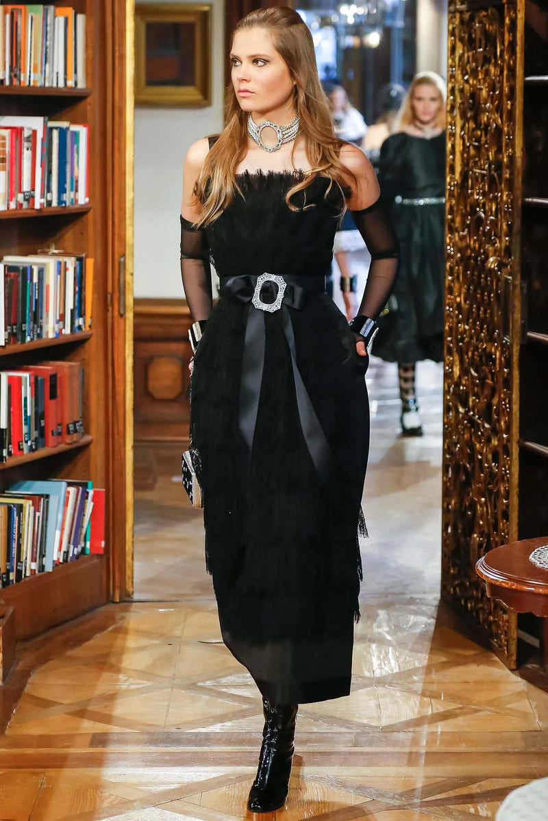 Exceptional Pre-Fall 2015 Chanel by Karl Lagerfeld Runway Look 83 Black Silk & Lace Metiers d'Art Dress