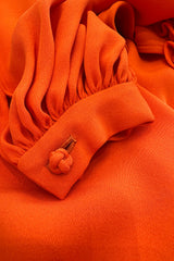 1970s James Galanos Couture Orange Silk Dress w Ruffle Neck & Balloon Sleeves