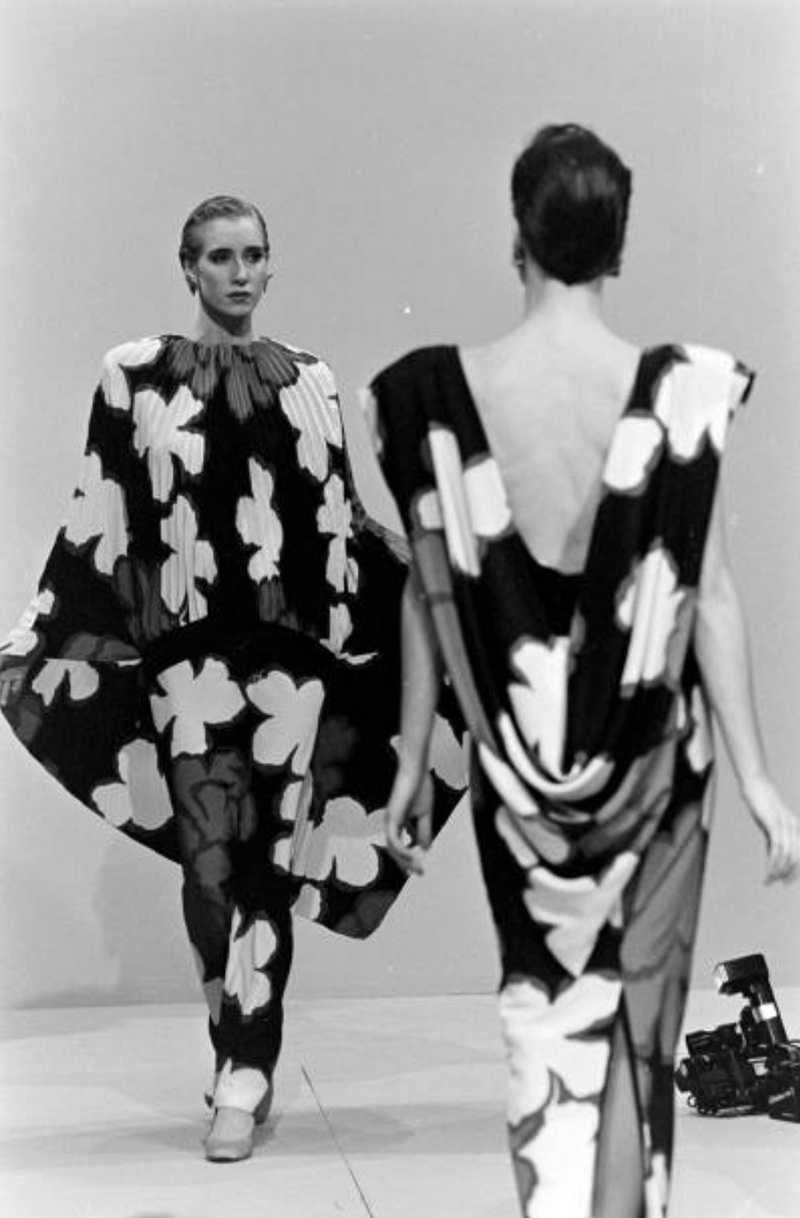 Incredible Spring 1985 Pierre Cardin Haute Couture Floral Silk Caped Runway Dress