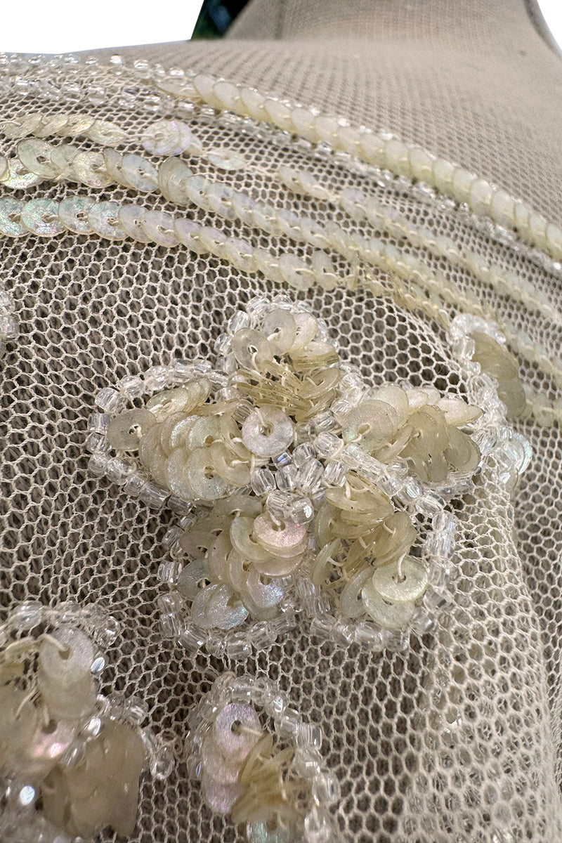 Beautiful 1910 Unlabeled Heirloom Ivory Net Wedding Dress w Elaborate Sequin & Bead Work