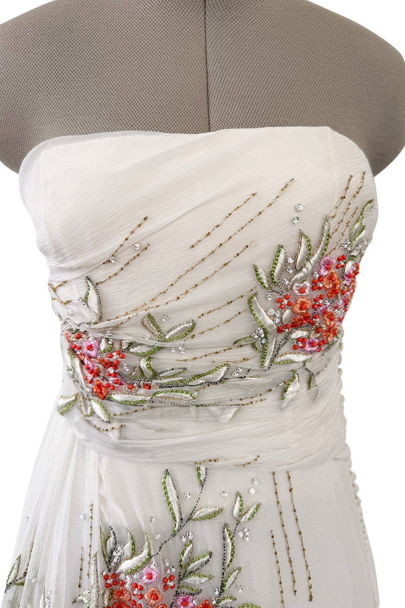 Exceptional Spring 2008 Christian Dior by John Galliano Ivory Silk Chiffon Dress w Floral Embroidery