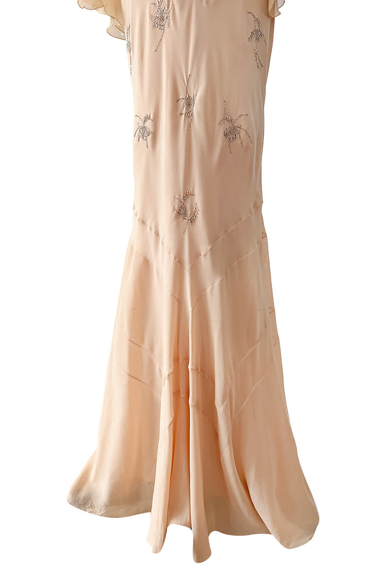 2000s Christian Dior by John Galliano Peach Silk Chiffon & Silver Beaded Bias Cut Dress