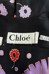 Rare Spring 1979 Chloe by Karl Lagerfeld Stunning Silk Print Plunge Dress w Belt