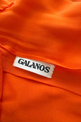 1970s James Galanos Couture Orange Silk Dress w Ruffle Neck & Balloon Sleeves