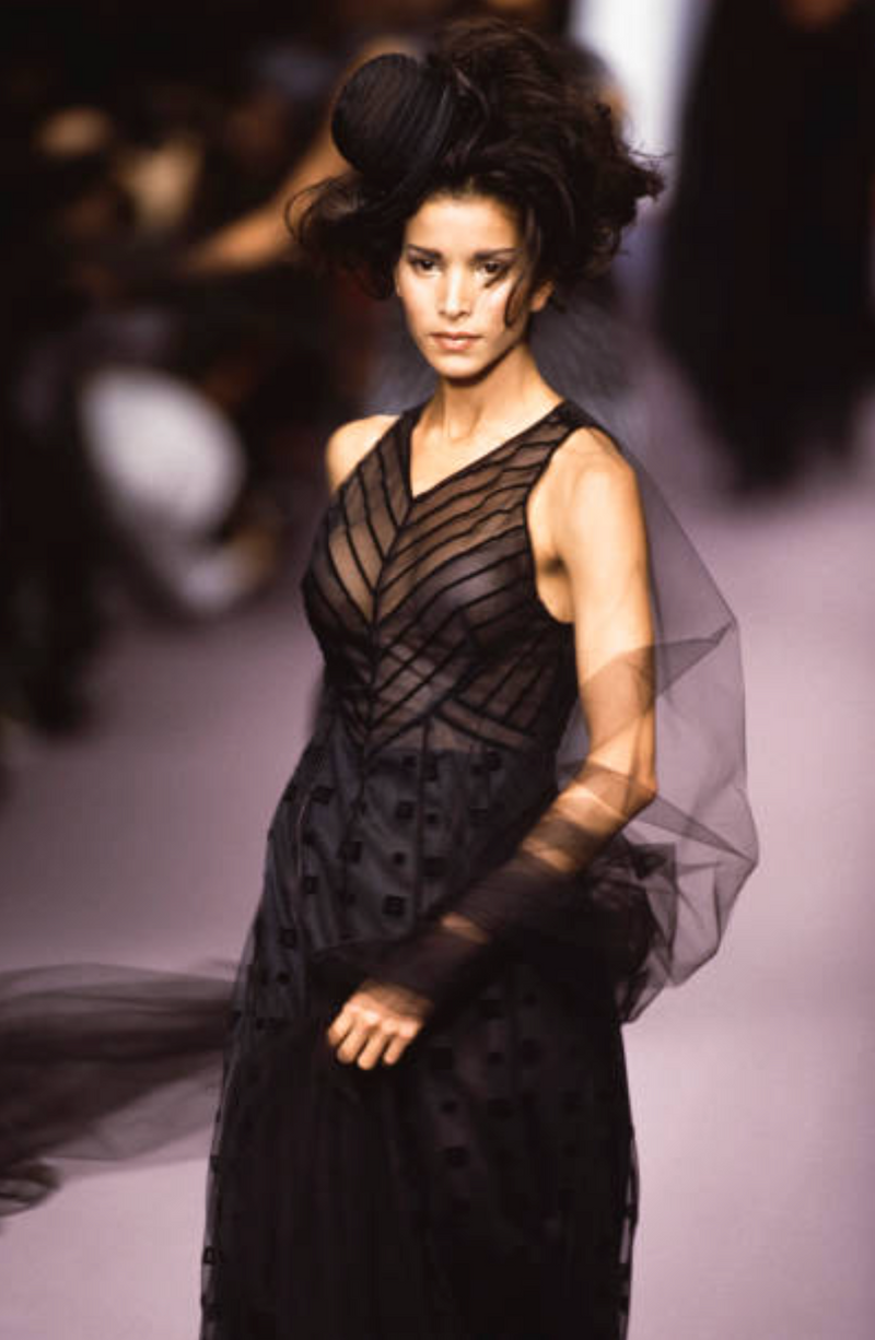 Fabulous Fall 1995 Karl Lagerfeld Runway Black Net Dress w Velvet Detailing