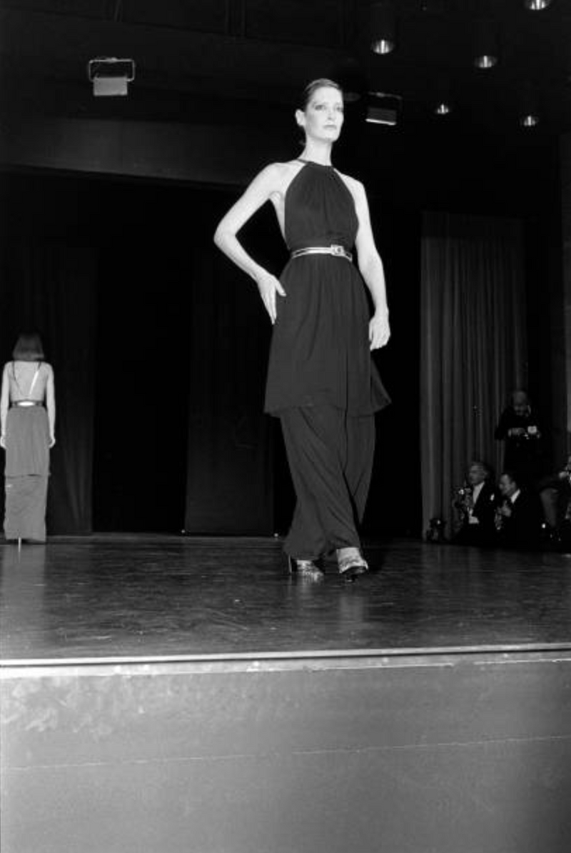 Fall 1975 Yves Saint Laurent Runway Brown Silk Jersey Backless Dress w Gold Leather Straps