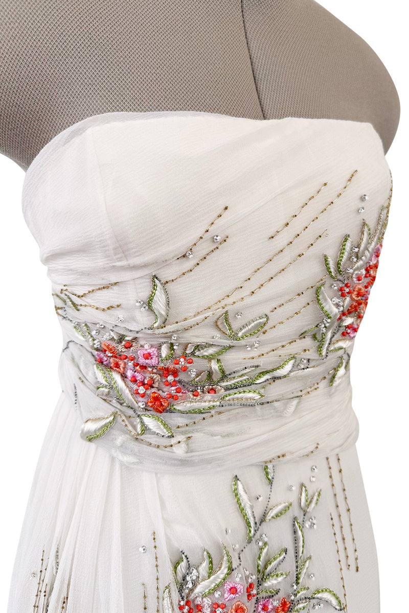 Exceptional Spring 2008 Christian Dior by John Galliano Ivory Silk Chiffon Dress w Floral Embroidery