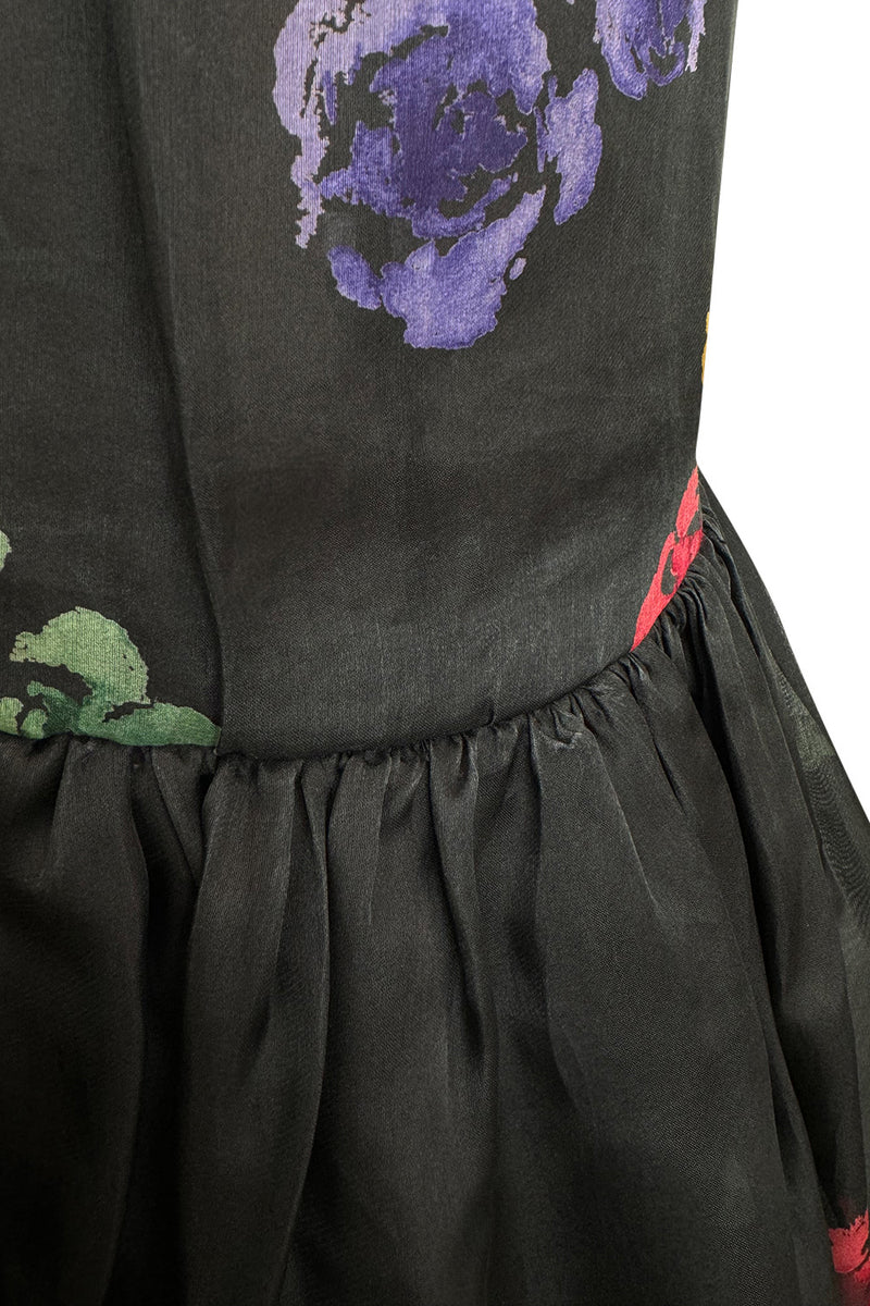 Prettiest 1960s Possible Christian Dior Floral Print Silk Organza Dress w Ruffled Shoulders